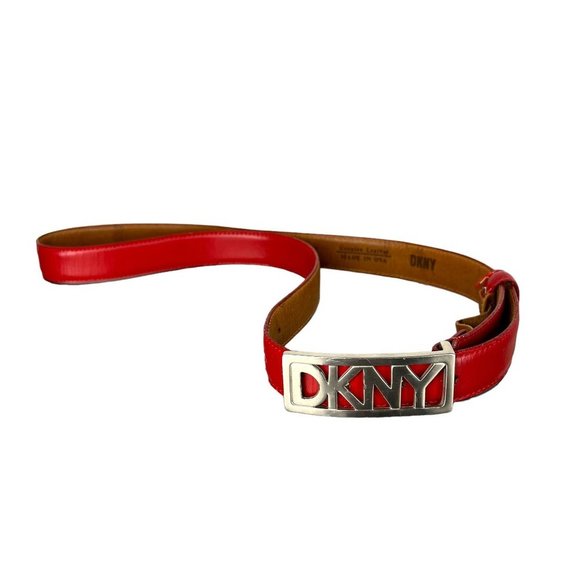 Vintage 90s DKNY Red Leather Metal Buckle Belt Medium